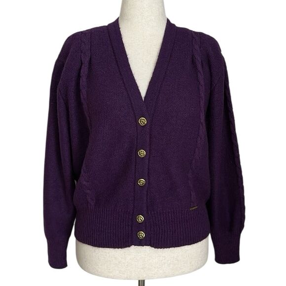 VTG 1980s Geiger Austria Purple Wool Cardigan Sweater Women’s 38 Gold Buttons - Picture 1 of 13